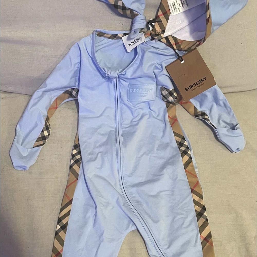 Burberry Blue w/ Signature Print down both sides of one piece full zippered